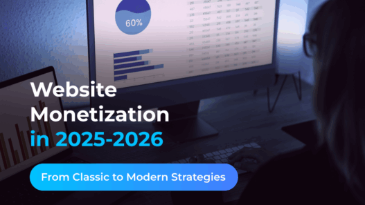Person working at a computer with graphs and data charts on screen, overlaid text reads ‘Website Monetization in 2025-2026 – From Classic to Modern Strategies’.