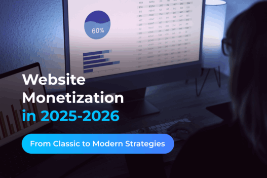 Person working at a computer with graphs and data charts on screen, overlaid text reads ‘Website Monetization in 2025-2026 – From Classic to Modern Strategies’.